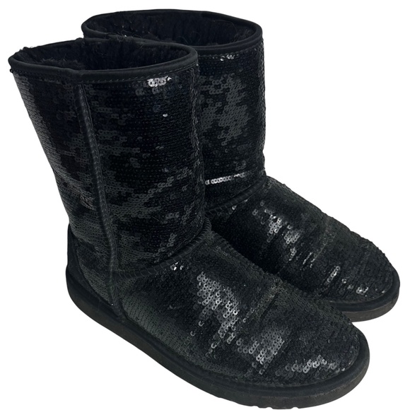 UGG Australia Classic Short Boots Sz 8 Black Sequin Sparkle Y2K Sheepskin - Picture 4 of 12